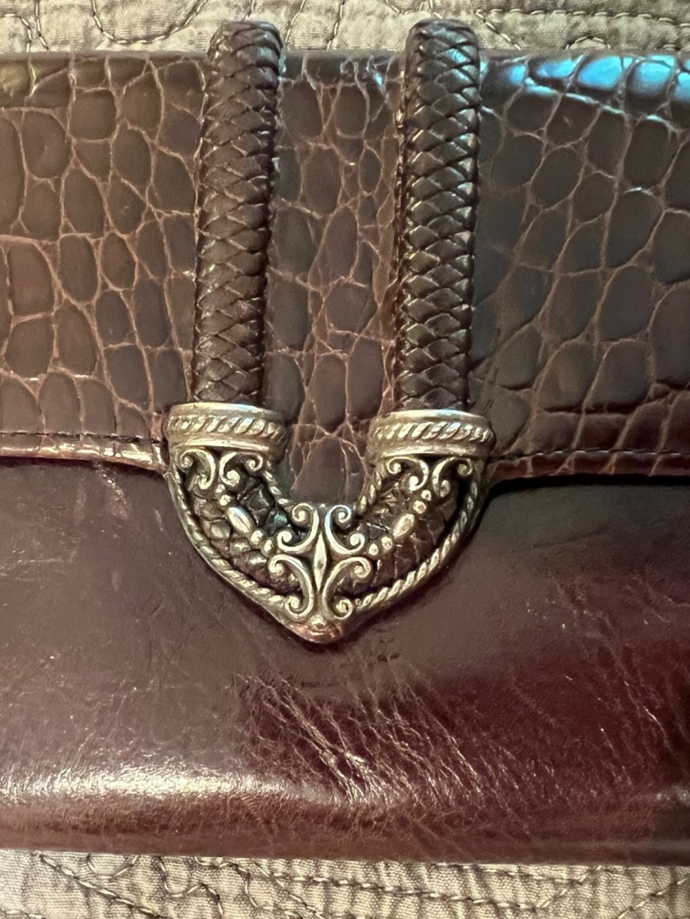 Brighton Wallet with Braided and Metal Detail Leather Lined Croc Embossed Brown - Picture 2 of 7